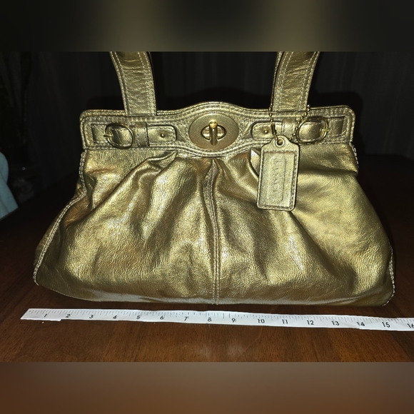 COACH 13926 Gold Metallic Patent Leather Satchel Bell Shaped Purse Handbag - Picture 7 of 16